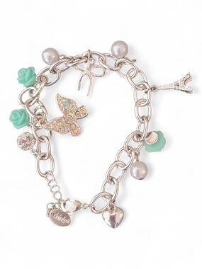 Claire's Silver Charm Bracelet with Mint Rose, Pearl & Crystal Butterfly